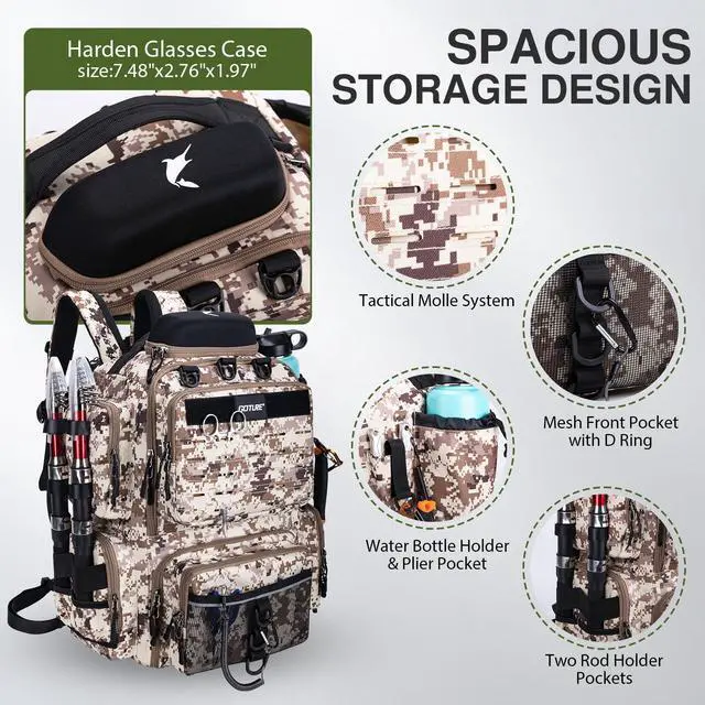 Alt view image 3 of 6 - Fishing Backpack, 900D Water-Resistant Tackle Backpack with Rod Holders, Hard Sunglasses Case, 45L Large Storage Gear Tackle Bag with Rain Cover, Bottle Holder for Travel Camping Hiking