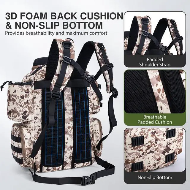 Alt view image 5 of 6 - Fishing Backpack, 900D Water-Resistant Tackle Backpack with Rod Holders, Hard Sunglasses Case, 45L Large Storage Gear Tackle Bag with Rain Cover, Bottle Holder for Travel Camping Hiking