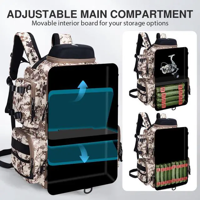 Alt view image 4 of 6 - Fishing Backpack, 900D Water-Resistant Tackle Backpack with Rod Holders, Hard Sunglasses Case, 45L Large Storage Gear Tackle Bag with Rain Cover, Bottle Holder for Travel Camping Hiking