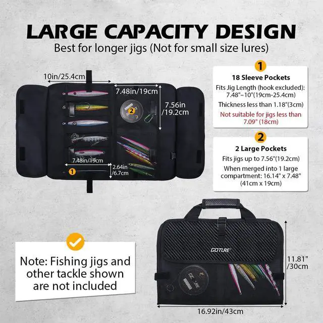 Alt view image 2 of 7 - Fishing Jig Bag,20 Mesh Pockets Portable Water-Resistant 600D PU Fishinig Lure Bag Saltwater Freshwater Suitable For Max 10" Length Vertical Jig Slow Pitch Jigging Bait Storage (16.92"x11.81")