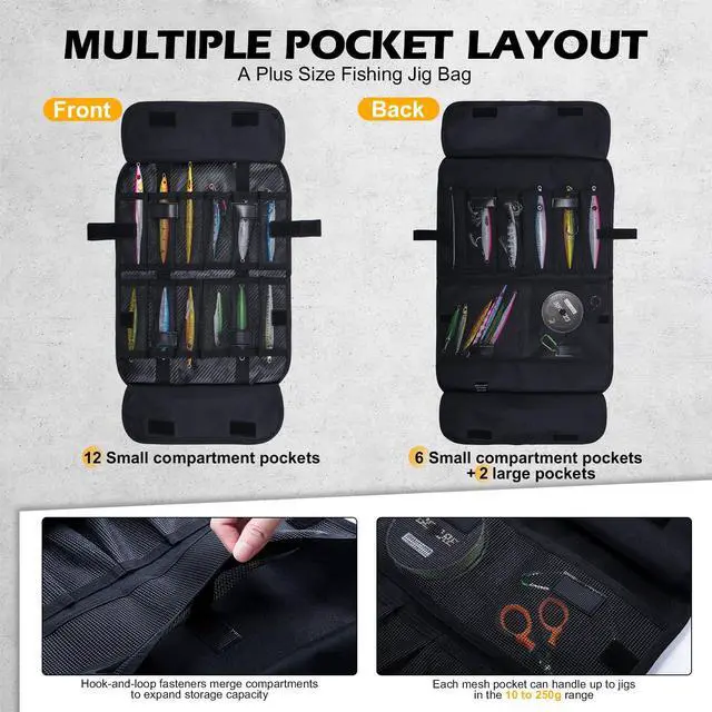 Alt view image 3 of 7 - Fishing Jig Bag,20 Mesh Pockets Portable Water-Resistant 600D PU Fishinig Lure Bag Saltwater Freshwater Suitable For Max 10" Length Vertical Jig Slow Pitch Jigging Bait Storage (16.92"x11.81")