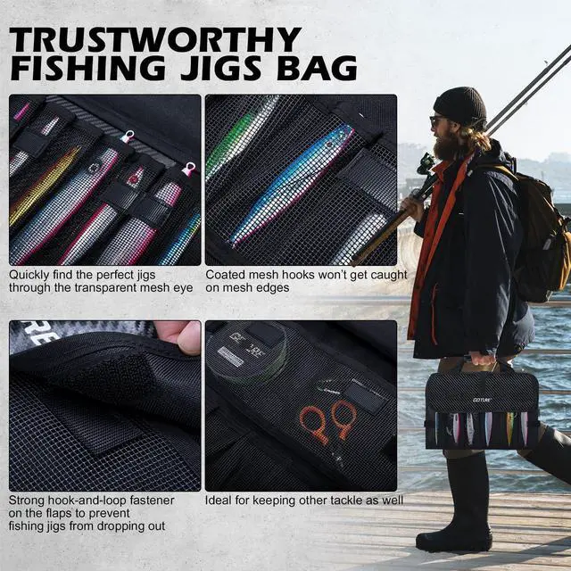Alt view image 6 of 7 - Fishing Jig Bag,20 Mesh Pockets Portable Water-Resistant 600D PU Fishinig Lure Bag Saltwater Freshwater Suitable For Max 10" Length Vertical Jig Slow Pitch Jigging Bait Storage (16.92"x11.81")