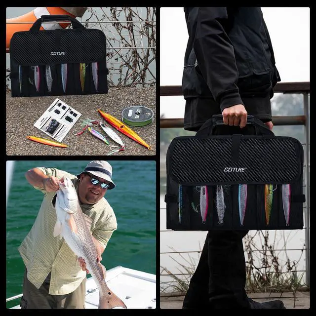 Alt view image 7 of 7 - Fishing Jig Bag,20 Mesh Pockets Portable Water-Resistant 600D PU Fishinig Lure Bag Saltwater Freshwater Suitable For Max 10" Length Vertical Jig Slow Pitch Jigging Bait Storage (16.92"x11.81")