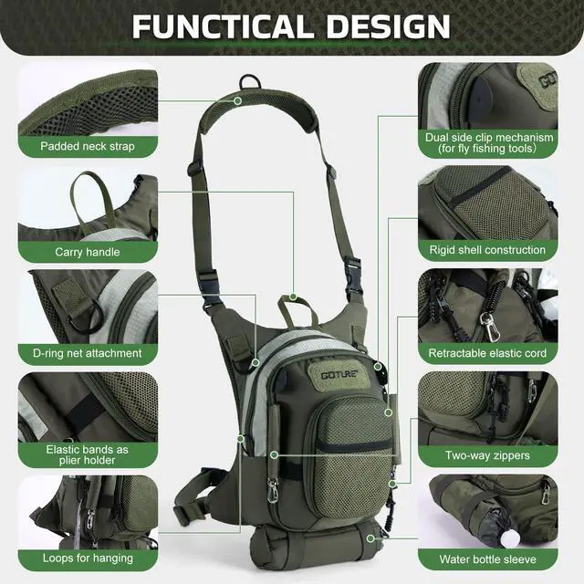 Alt view image 3 of 7 - Fly Fishing Chest Pack, Lightweight Chest Pack Tackle Storage Bag, Fly Fishing Bag with Adjustable Padded Neck Strap and Waist Strap, Hard Shell Front Pocket, Water Bottle Pouch, Gifts for Men