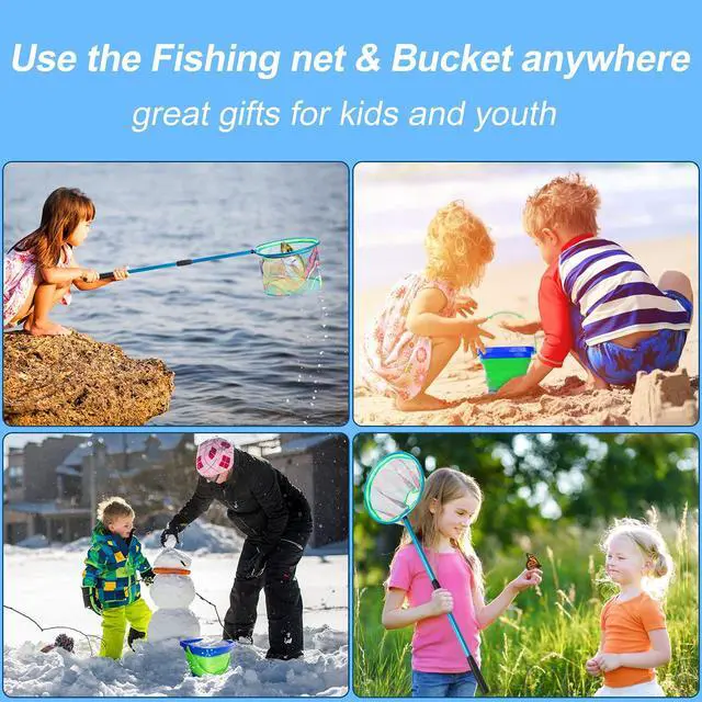 Alt view image 6 of 6 - Kids Fishing Net, 2 Pack Telescopic Landing Nets with Aluminum Pole Handle, Collapsible Bucket Sand Pail, Butterfly Net, Fishing Net for Youth, Outdoor Playing