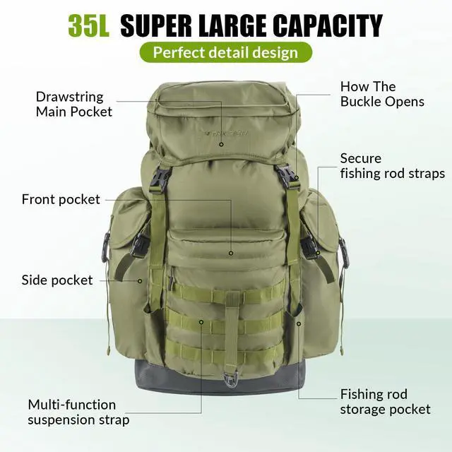 Alt view image 3 of 7 - Large Capacity Fishing Hunting Backpack Chair with Rod Holder | 35L Tackle Box Backpack with Rod Holders Fishing Storage Bag Portable Stool for Outdoor Fishings, Camping, and Hunting