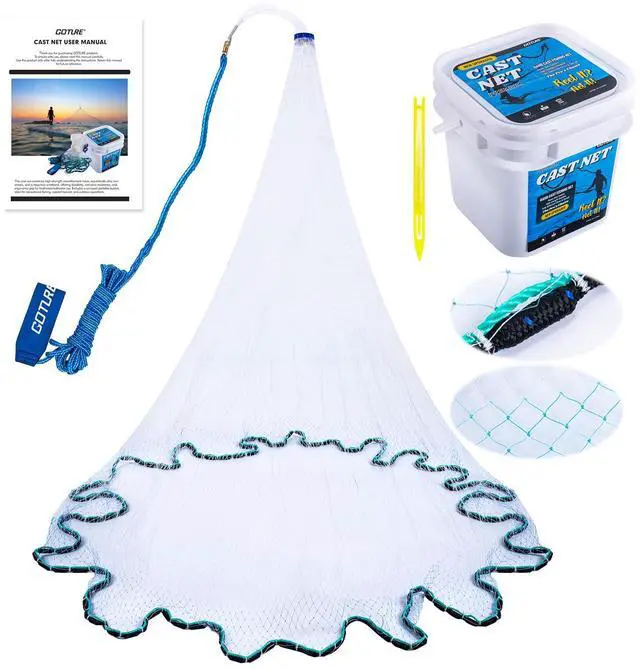Main image of American Fishing Cast Net Saltwater Freshwater,3/8in Mesh Size Casting Net for Bait Fish Shrimp Trap,Heavy Duty Sinkers Dual Color Double Selvage,3ft-12ft Radius Throw Cast Net with Needle
