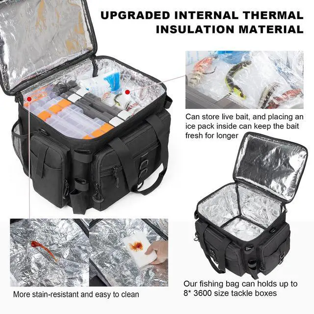 Alt view image 4 of 7 - Fishing Tackle Bag with Rod Holders & Cooler Main Compartment Large Capacity Fishing Bag for Organized Gear Storage