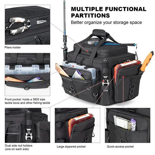 Alt view image 2 of 7 - Fishing Tackle Bag with Rod Holders & Cooler Main Compartment Large Capacity Fishing Bag for Organized Gear Storage