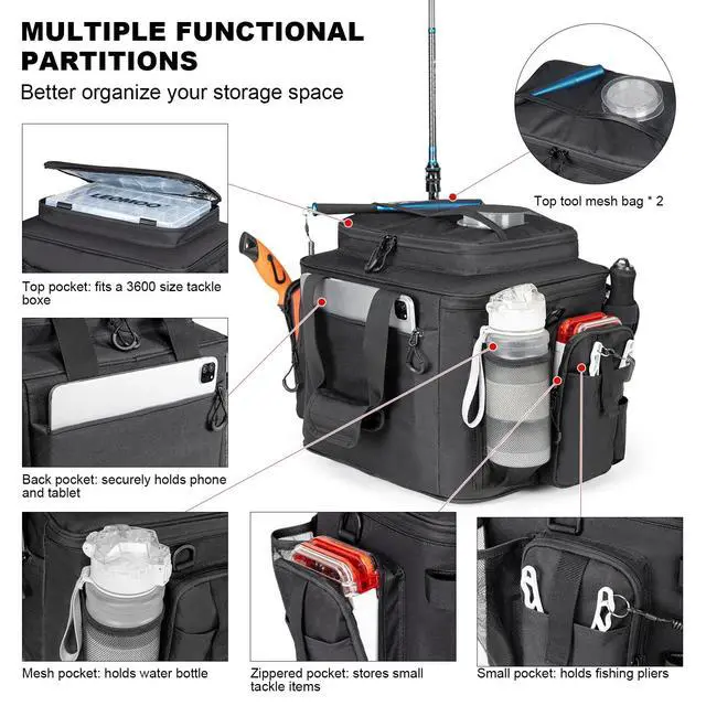 Alt view image 3 of 7 - Fishing Tackle Bag with Rod Holders & Cooler Main Compartment Large Capacity Fishing Bag for Organized Gear Storage