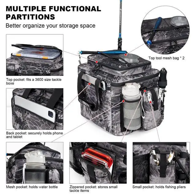 Alt view image 3 of 7 - Fishing Tackle Bag with Rod Holders & Cooler Main Compartment Large Capacity Fishing Bag for Organized Gear Storage