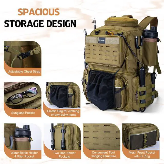 Alt view image 3 of 7 - Fishing Backpack, 53L 600D Water-Resistant Insulated Tackle Backpack with Cooler, Rod Holders, 8 Lure Pockets, Rain Cover, Gear Storage Large Fishing Bag for Camping Hiking(Without Tackle Box)
