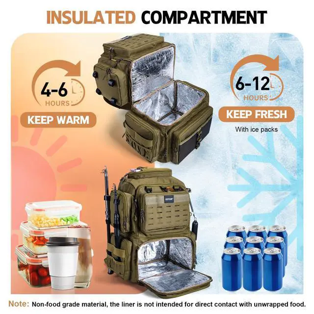 Alt view image 2 of 7 - Fishing Backpack, 53L 600D Water-Resistant Insulated Tackle Backpack with Cooler, Rod Holders, 8 Lure Pockets, Rain Cover, Gear Storage Large Fishing Bag for Camping Hiking(Without Tackle Box)