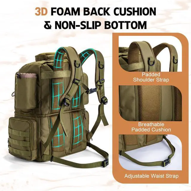 Alt view image 4 of 7 - Fishing Backpack, 53L 600D Water-Resistant Insulated Tackle Backpack with Cooler, Rod Holders, 8 Lure Pockets, Rain Cover, Gear Storage Large Fishing Bag for Camping Hiking(Without Tackle Box)