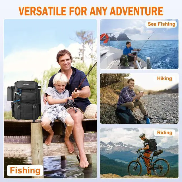 Alt view image 7 of 7 - Fishing Backpack, 40L Tackle Backpack with Rod Holders & 2 Tackle Trays, Large Water-resistant Fishing Bag Equipments