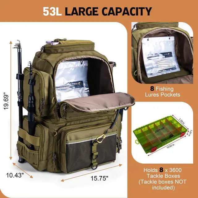 Alt view image 5 of 7 - Fishing Backpack, 53L 600D Water-Resistant Insulated Tackle Backpack with Cooler, Rod Holders, 8 Lure Pockets, Rain Cover, Gear Storage Large Fishing Bag for Camping Hiking(Without Tackle Box)