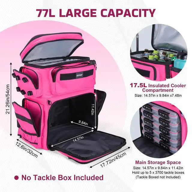 Alt view image 3 of 7 - Fishing Backpack with Cooler, 66L 600D Tackle Backpack with 3 Rod Holders, Helmet Holder, Rain Cover, Saltwater Large Fishing Bag for Camping Hiking, Gear Storage Bag, Gifts for Men