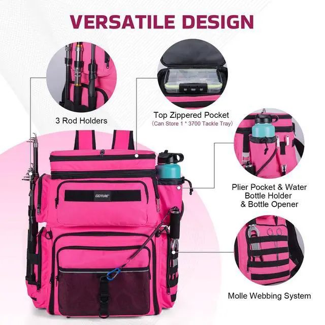 Alt view image 4 of 7 - Fishing Backpack with Cooler, 66L 600D Tackle Backpack with 3 Rod Holders, Helmet Holder, Rain Cover, Saltwater Large Fishing Bag for Camping Hiking, Gear Storage Bag, Gifts for Men