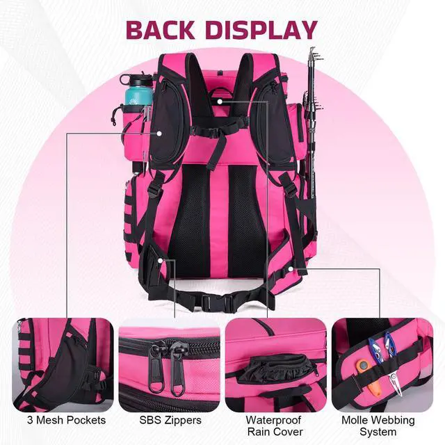 Alt view image 6 of 7 - Fishing Backpack with Cooler, 66L 600D Tackle Backpack with 3 Rod Holders, Helmet Holder, Rain Cover, Saltwater Large Fishing Bag for Camping Hiking, Gear Storage Bag, Gifts for Men