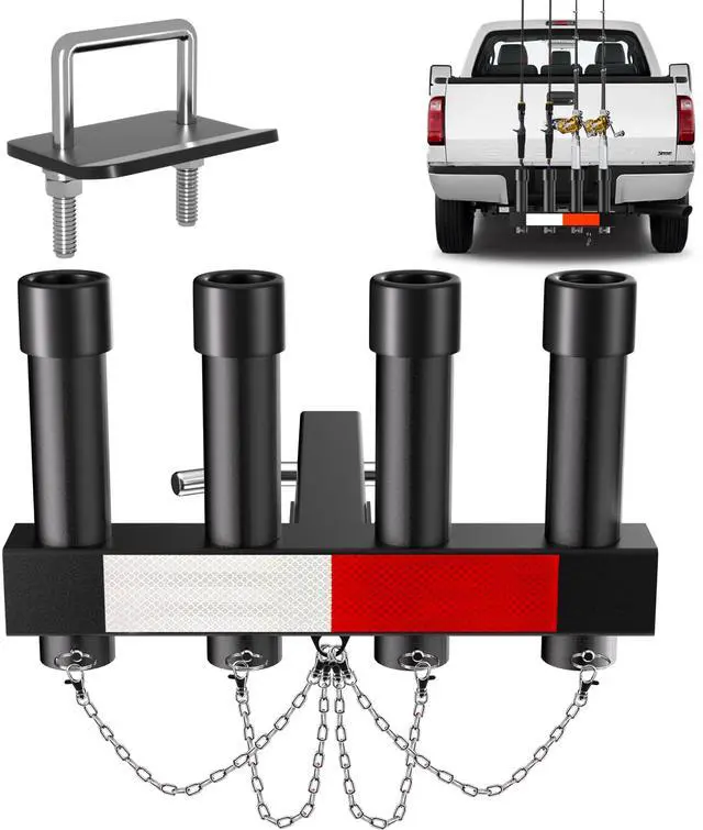 Main image of Hitch Fishing Rod Holder, Adjustable Angle Hitch Rod Holder, 4 Link Tubes for 2" Hitch Receivers with Quick Release Pin, Hitch Tightener, and Reflective Strips, Fishing Pole Holder for Truck