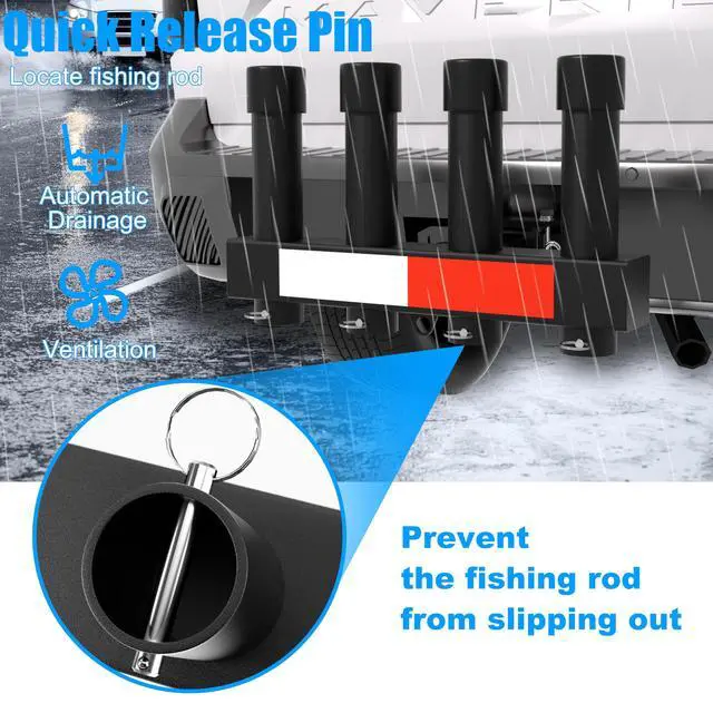 Alt view image 2 of 7 - Hitch Fishing Rod Holder, Adjustable Angle Hitch Rod Holder, 4 Link Tubes for 2" Hitch Receivers with Quick Release Pin, Hitch Tightener, and Reflective Strips, Fishing Pole Holder for Truck