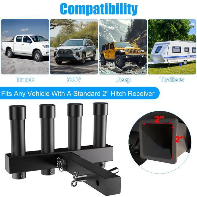 Alt view image 4 of 7 - Hitch Fishing Rod Holder, Adjustable Angle Hitch Rod Holder, 4 Link Tubes for 2" Hitch Receivers with Quick Release Pin, Hitch Tightener, and Reflective Strips, Fishing Pole Holder for Truck
