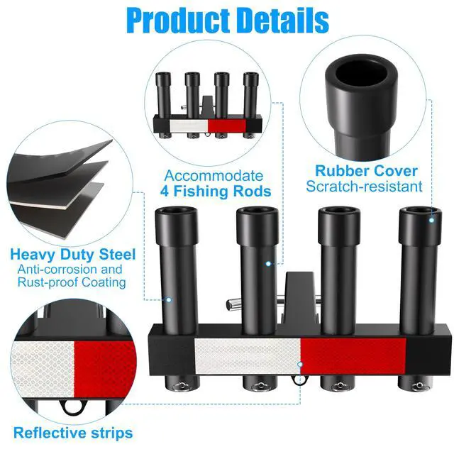 Alt view image 5 of 7 - Hitch Fishing Rod Holder, Adjustable Angle Hitch Rod Holder, 4 Link Tubes for 2" Hitch Receivers with Quick Release Pin, Hitch Tightener, and Reflective Strips, Fishing Pole Holder for Truck