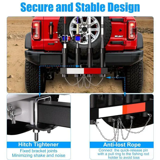 Alt view image 7 of 7 - Hitch Fishing Rod Holder, Adjustable Angle Hitch Rod Holder, 4 Link Tubes for 2" Hitch Receivers with Quick Release Pin, Hitch Tightener, and Reflective Strips, Fishing Pole Holder for Truck