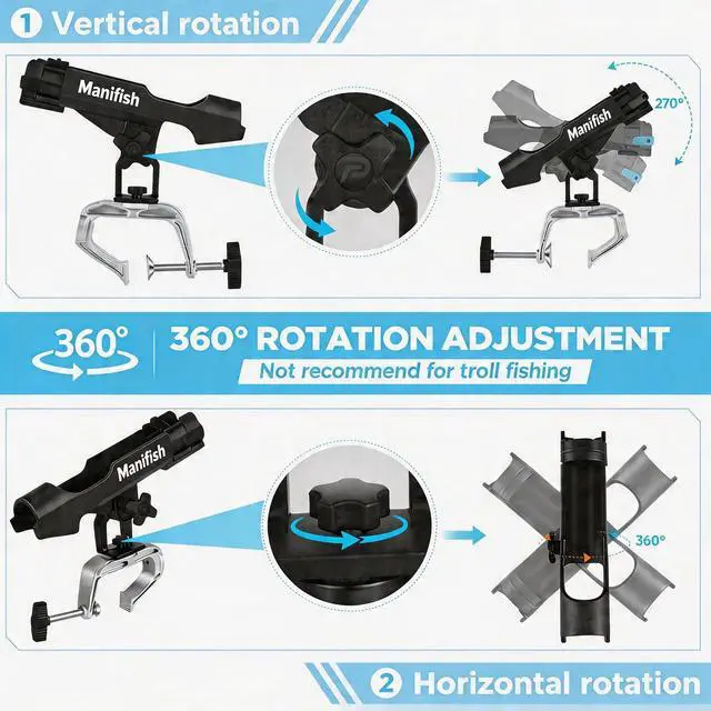 Alt view image 5 of 7 - 2 Pack Fishing Rod Holders for Kayak & Boat, 360° Swivel Clamp Rod Holder with Enlarged Base, Fits Round Square Tubes, Jon Boat, Canoe, Fishing Accessories