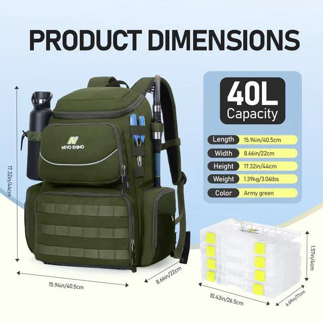 Alt view image 2 of 7 - Fishing Tackle Backpack with Rod Holders, 40L Large Fishing Bag with Waterproof Rain Cover,Outdoor Tackle Bag