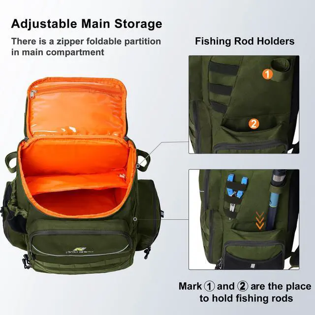Alt view image 4 of 7 - Fishing Tackle Backpack with Rod Holders, 40L Large Fishing Bag with Waterproof Rain Cover,Outdoor Tackle Bag