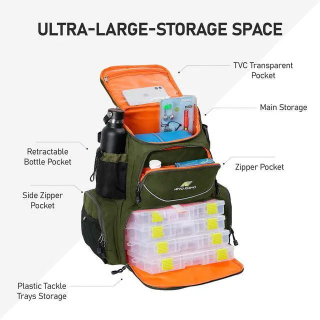 Alt view image 3 of 7 - Fishing Tackle Backpack with Rod Holders, 40L Large Fishing Bag with Waterproof Rain Cover,Outdoor Tackle Bag