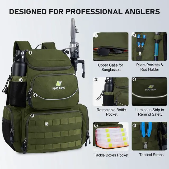 Alt view image 5 of 7 - Fishing Tackle Backpack with Rod Holders, 40L Large Fishing Bag with Waterproof Rain Cover,Outdoor Tackle Bag