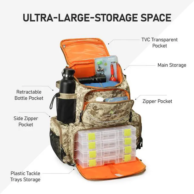 Alt view image 3 of 7 - Fishing Tackle Backpack with Rod Holders, 40L Large Fishing Bag with Waterproof Rain Cover,Outdoor Tackle Bag