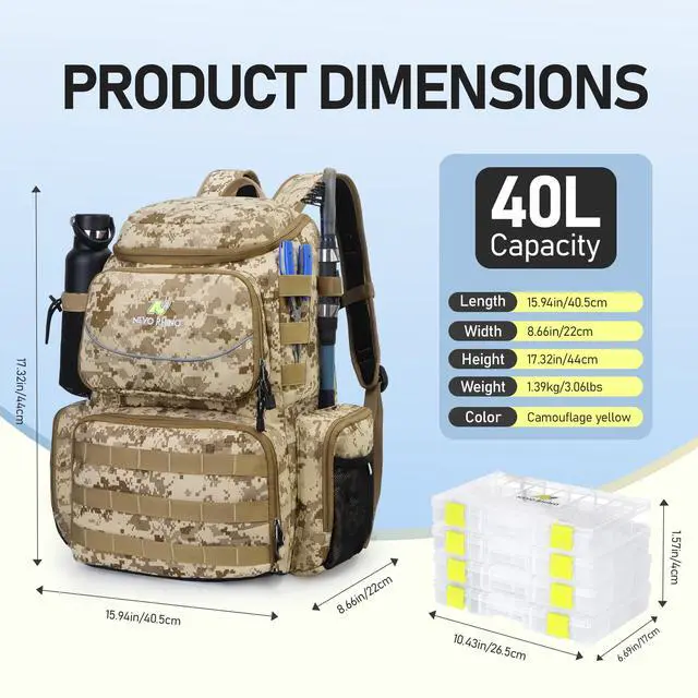 Alt view image 2 of 7 - Fishing Tackle Backpack with Rod Holders, 40L Large Fishing Bag with Waterproof Rain Cover,Outdoor Tackle Bag