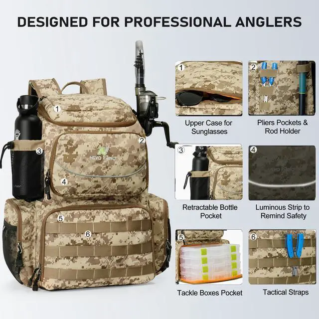 Alt view image 5 of 7 - Fishing Tackle Backpack with Rod Holders, 40L Large Fishing Bag with Waterproof Rain Cover,Outdoor Tackle Bag