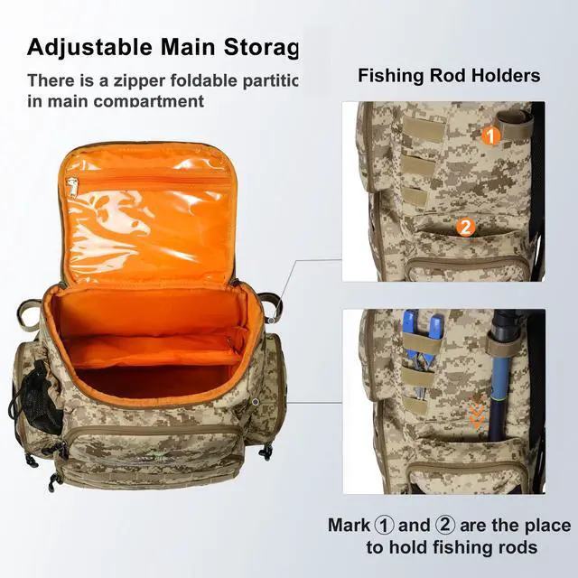 Alt view image 4 of 7 - Fishing Tackle Backpack with Rod Holders, 40L Large Fishing Bag with Waterproof Rain Cover,Outdoor Tackle Bag