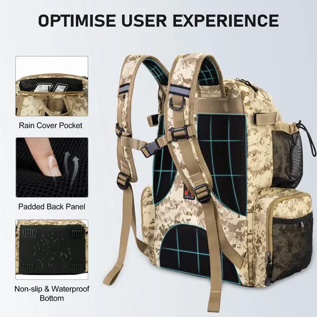 Alt view image 6 of 7 - Fishing Tackle Backpack with Rod Holders, 40L Large Fishing Bag with Waterproof Rain Cover,Outdoor Tackle Bag
