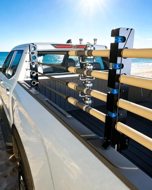 Main image of Fishing Pole Rack for Truck Bed Fishing Rod Holder Truck Fishing Pole Holder Holds up to 8 Rods or 4 Fly Rods Storage Organizer for Ford F150 Dodge Ram Tundra