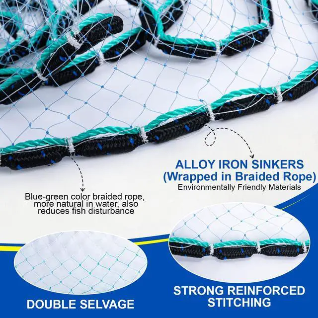 Alt view image 2 of 7 - American Fishing Cast Net Saltwater Freshwater,3/8in Mesh Size Casting Net for Bait Fish Shrimp Trap,Heavy Duty Sinkers Dual Color Double Selvage,3ft-12ft Radius Throw Cast Net with Needle