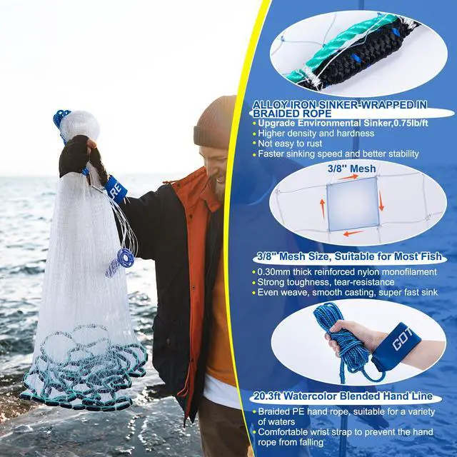 Alt view image 3 of 7 - American Fishing Cast Net Saltwater Freshwater,3/8in Mesh Size Casting Net for Bait Fish Shrimp Trap,Heavy Duty Sinkers Dual Color Double Selvage,3ft-12ft Radius Throw Cast Net with Needle
