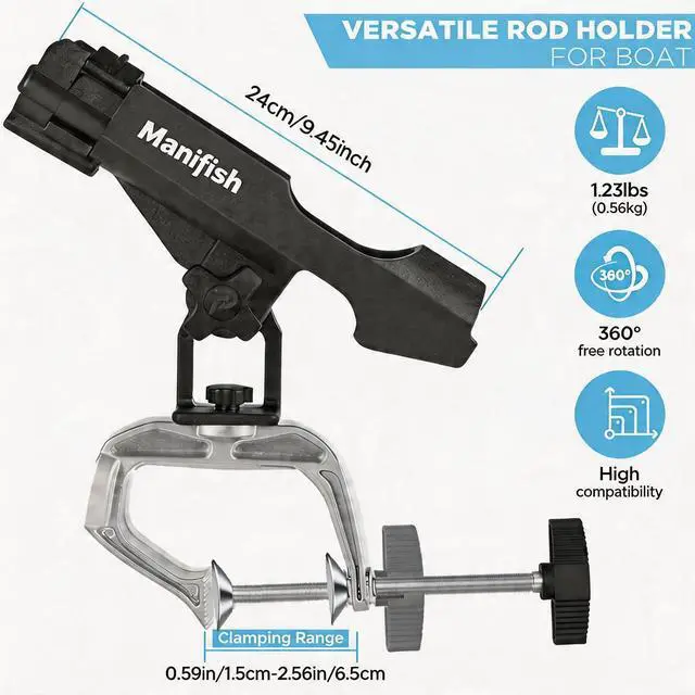 Alt view image 3 of 7 - 2 Pack Fishing Rod Holders for Kayak & Boat, 360° Swivel Clamp Rod Holder with Enlarged Base, Fits Round Square Tubes, Jon Boat, Canoe, Fishing Accessories