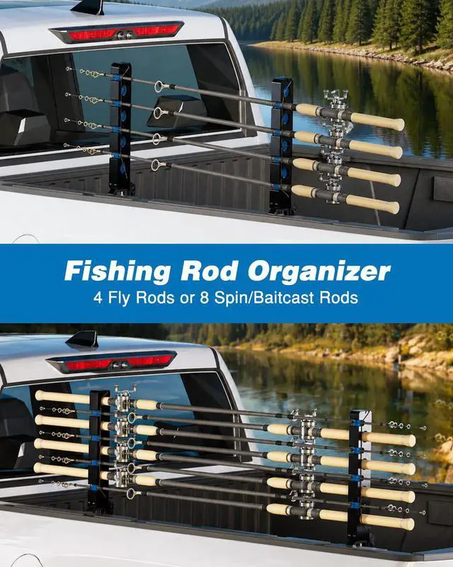 Alt view image 3 of 7 - Fishing Pole Rack for Truck Bed Fishing Rod Holder Truck Fishing Pole Holder Holds up to 8 Rods or 4 Fly Rods Storage Organizer for Ford F150 Dodge Ram Tundra