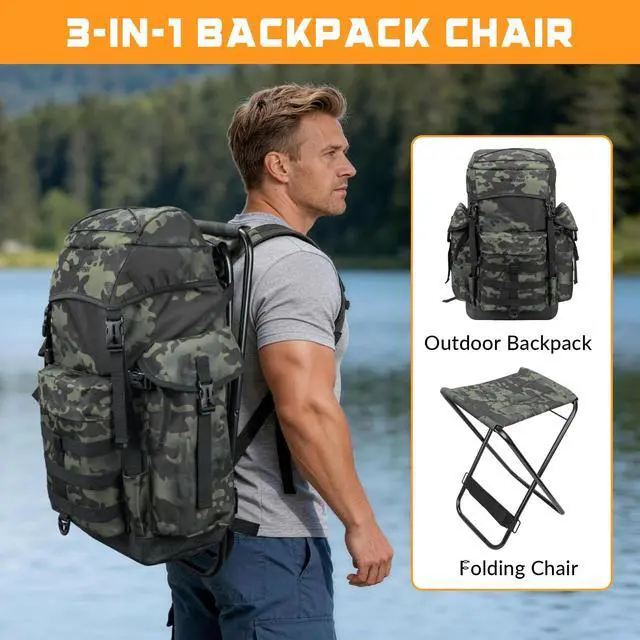 Alt view image 2 of 7 - Large Capacity Fishing Hunting Backpack Chair with Rod Holder | 35L Tackle Box Backpack with Rod Holders Fishing Storage Bag Portable Stool for Outdoor Fishings, Camping, and Hunting