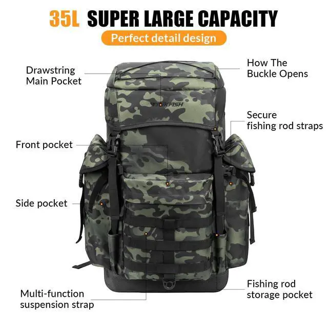 Alt view image 3 of 7 - Large Capacity Fishing Hunting Backpack Chair with Rod Holder | 35L Tackle Box Backpack with Rod Holders Fishing Storage Bag Portable Stool for Outdoor Fishings, Camping, and Hunting