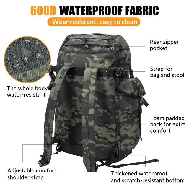 Alt view image 4 of 7 - Large Capacity Fishing Hunting Backpack Chair with Rod Holder | 35L Tackle Box Backpack with Rod Holders Fishing Storage Bag Portable Stool for Outdoor Fishings, Camping, and Hunting