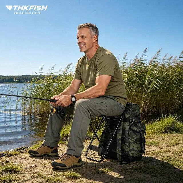 Alt view image 7 of 7 - Large Capacity Fishing Hunting Backpack Chair with Rod Holder | 35L Tackle Box Backpack with Rod Holders Fishing Storage Bag Portable Stool for Outdoor Fishings, Camping, and Hunting