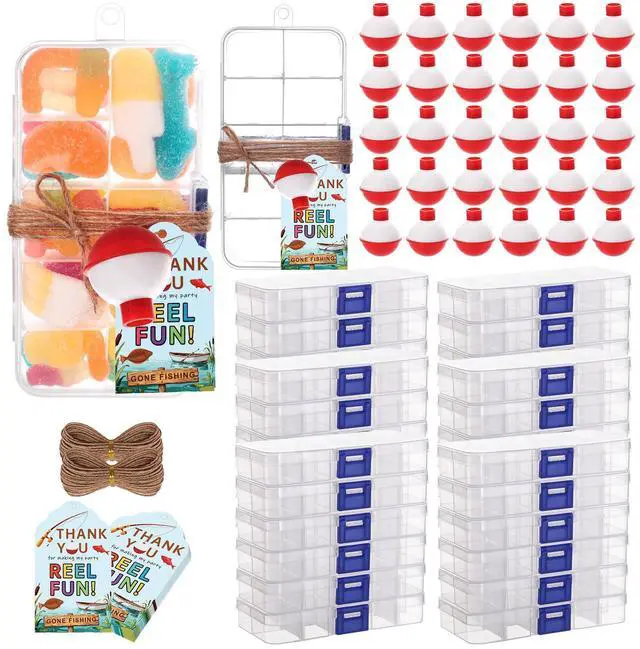 Main image of 30 Pieces Fishing Party Favors Little Candy Tackle Boxes with Red White Floater Thank You Cards for Making Fishing Themed Birthday Party Decorations (30 PCS)