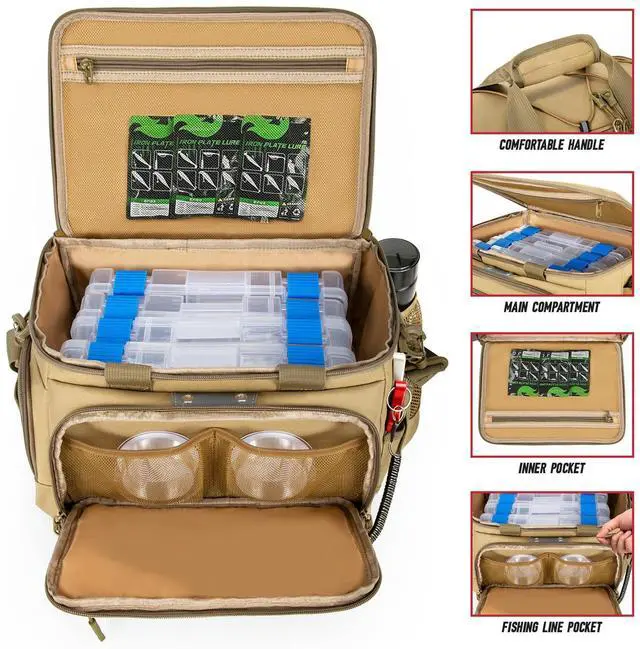 Alt view image 3 of 6 - Fishing Tackle Bag, Equipped With 4 Tackle Boxes and Detachable Reel Storage Pouch, Waterproof Fishing Gear Organizer, Adjustable Shoulder Strap Fishing Bags for Saltwater & Freshwater