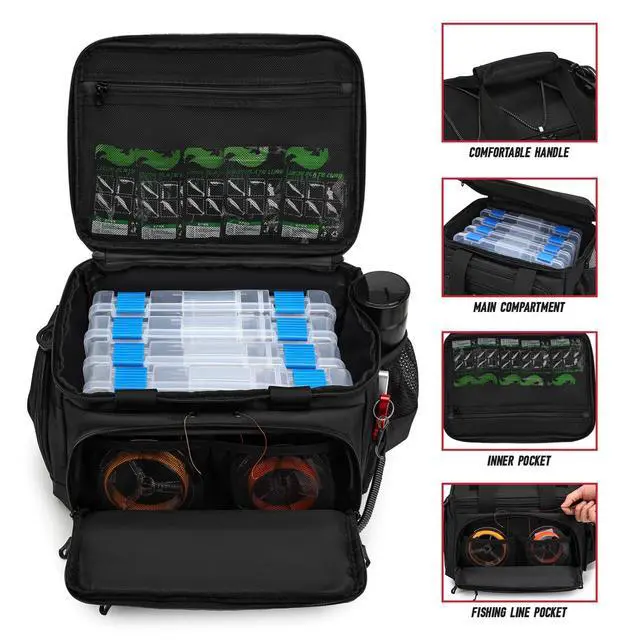 Alt view image 3 of 6 - Fishing Tackle Bag, Equipped With 4 Tackle Boxes and Detachable Reel Storage Pouch, Waterproof Fishing Gear Organizer, Adjustable Shoulder Strap Fishing Bags for Saltwater & Freshwater